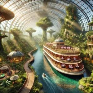 DALL·E 2024-10-28 20.13.46 - A luxurious riverboat-style casino set inside a giant greenhouse. The riverboat is docked on a winding river flowing through lush greenery with toweri