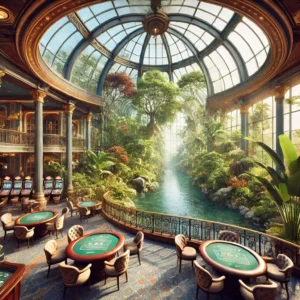 DALL·E 2024-10-28 20.13.57 - View from inside a luxurious riverboat-style casino, looking out through large windows to a lush greenhouse surrounding. The interior of the casino is